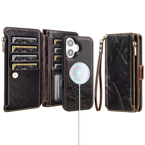 Antsturdy Compatible with MagSafe iPhone 17 Wallet Case,Coffee | Detachable Magnetic Credit Card Holder,RFID Blocking,PU Leather Zipper Purse,Wrist Strap Kickstand,Flip Phone Cover for Women - color: (Detachable with Magsafe)-Coffee
