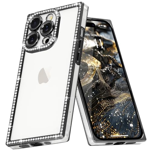 Clear Glitter Phone Case for iPhone 13 Pro Luxury Bling Diamond | Sparkly Rhinestones Soft TPU Plating Rectangle Edge Camera Protection Transparent Shockproof Cover for Women Girls, Black - color: Black, size: iPhone 13 Pro