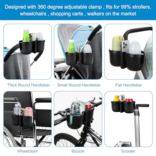 Accmor Stroller Cup Holder with Phone Holder, Bike Cup Holder, Universal Cup Holder for Uppababy Nuna Strollers, 2-in-1 Drinks Holder for Walker, Wheelchair, Scooter - color: Double Holder-Other Shape