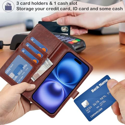 Ｈａｖａｙａ for iPhone 16 Case Detachable Wallet Case with Card Holder，2 in 1 Pu Leather Flip Folio Credit Card Slots Stand Compatible Magsafe Magnetic Shockproof Phone Cover (6.1")-Deep Brown - color: Deep Brown-Detachable