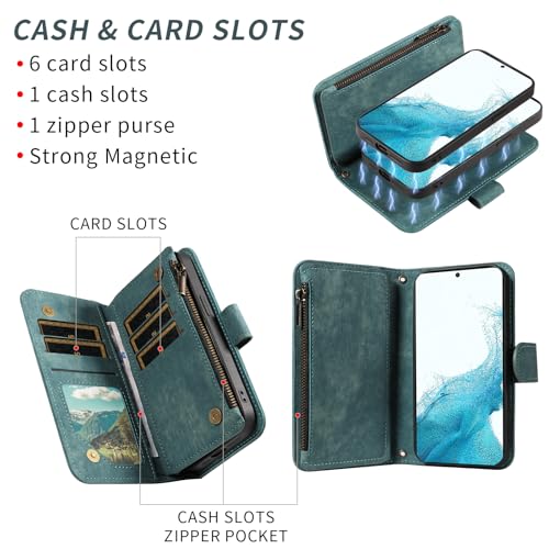 Asuwish Phone Case for Samsung Galaxy S22 5G Zipper Wallet Detachable Magnetic Cover with Tempered Glass Screen Protector Crossbody Lanyard Strap Card Holder S 22 22S 4G G5 6.1 inch Women Girls Blue - color: Blue