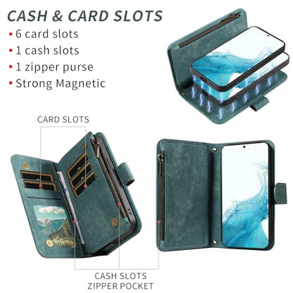 Asuwish Phone Case for Samsung Galaxy S22 5G Zipper Wallet Detachable Magnetic Cover with Tempered Glass Screen Protector Crossbody Lanyard Strap Card Holder S 22 22S 4G G5 6.1 inch Women Girls Blue - color: Blue