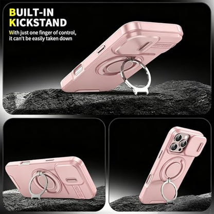 Rugged Shockproof Case for iPhone 17 Pro Max, Heavy Duty Protective Phone Case with Slide Camera Cover, 360° Rotatable Ring Stand & Magnetic Car Mount Compatible (Pink,iPhone 17 Pro Max) - color: Pink