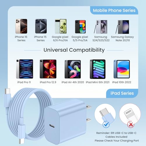 20W iPhone Charger Fast Charging 3-Pack with 6FT USB C to USB Cable, Blue - color: Blue