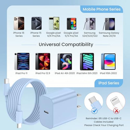 20W iPhone Charger Fast Charging 3-Pack with 6FT USB C to USB Cable, Blue - color: Blue