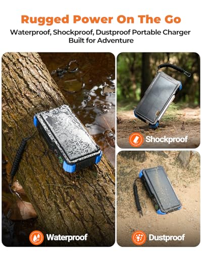 BLAVOR Solar Power Bank with Hand Crank and Built-in 4 Cables 20000mAh - color: Blue