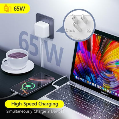 BUDI Flat USB C Wall Charger, 65W 2-Port Slim USB Wall Charger, Fast Charging Block Power Delivery for iPhone 17/16/15/14/13/12/11/Pro Max/XS/XR/8/7 - color: 2Ports(1USB A+1USB C)