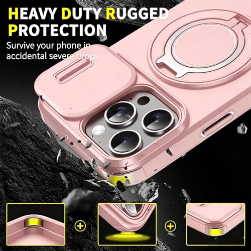 Rugged Shockproof Case for iPhone 17 Pro Max, Heavy Duty Protective Phone Case with Slide Camera Cover, 360° Rotatable Ring Stand & Magnetic Car Mount Compatible (Pink,iPhone 17 Pro Max) - color: Pink
