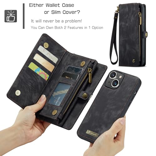 Compatible with iPhone 15 Wallet Case with Magsafe,Black | Magnetic Detachable Case,Card Holder,Zipper Pocket,Strap Wristlet, Soft Leather Drop-Proof Phone Case for iPhone 15 6.1" - color: Black, size: iPhone 15 6.1"