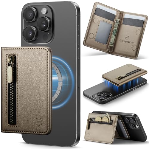 Strapurs Magnetic Card Holder Compatible with MagSafe Phones and Cases, PU Leather Wallet for iPhone 17/16/15/14/13/12/Pro/Max/Plus/Air, 4 Card Slots RFID Blocking with Zipper Pocket - Desert Titanium - color: Desert Titanium