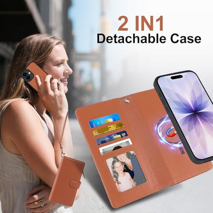 Magnetic Case for iPhone 16 Pro Max Wallet Compatible with Magsafe RFID Blocking Card Holder Detachable Phone Cover Kickstand Snap Strap Zipper Pocket PU Leather 6.9 inch 2024 (Brown) - color: Brown, size: iPhone 16 Pro Max