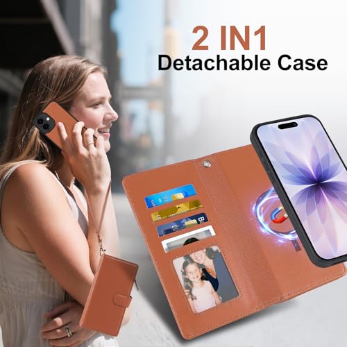 Magnetic Case for iPhone 16 Pro Wallet Compatible with Magsafe RFID Blocking Card Holder Detachable Phone Cover Kickstand Snap Strap Zipper Pocket PU Leather 6.3 inch (Brown) - color: Brown, size: iPhone 16 Pro