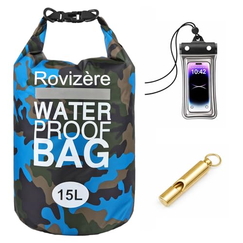 15L Waterproof Dry Bag, Camouflage Blue | Roll Top with Reflective Strip, Phone Pouch & Emergency Whistle, Backpack with Shoulder Strap, Lightweight Heavy Duty - color: Camouflage blue, size: 15L