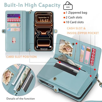 for Wallet Case Compatible with iPhone 17 Pro,Multi-Function Detachable 2 in 1 Magnetic iPhone 17 Pro Case Wallet,Flip Strap Zipper Card Holder Phone Case with Shoulder Straps (Blue) - color: Blue, size: iPhone 17 Pro