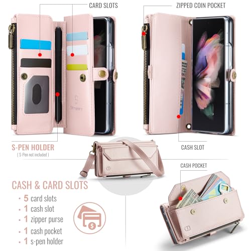Strapurs Crossbody Wallet Case Compatible with Samsung Galaxy Z Fold 3 with RFID Blocking Card Holder & Pen Holder Slot Soft PU Leather Shoulder Strap Zipper Pocket Purse Fold 3 Phone Case, Rose Gold | RFID Blocking 5-Card Holder, Shoulder Lanyard, Wirst