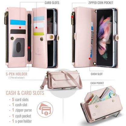 Strapurs Crossbody Wallet Case Compatible with Samsung Galaxy Z Fold 3 with RFID Blocking Card Holder & Pen Holder Slot Soft PU Leather Shoulder Strap Zipper Pocket Purse Fold 3 Phone Case, Rose Gold | RFID Blocking 5-Card Holder, Shoulder Lanyard, Wirst