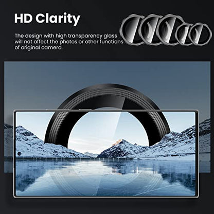 Tensea [3+2PCS for Samsung Galaxy S23 Ultra 5G Camera Lens Protector, 9H Tempered Glass Camera Cover Screen Protector Metal Individual Ring [Installation Tray][Removal tool][Case Friendly]- Black