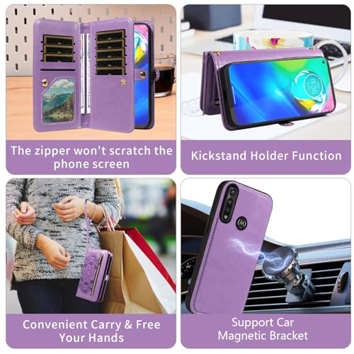 Asuwish Phone Case for Moto G Power 2020 Zipper Wallet Magnetic Detachable Cell Cover with Tempered Glass Screen Protector Crossbody Strap Mandala Flower Card Holder Motorola GPower Women Girls Purple