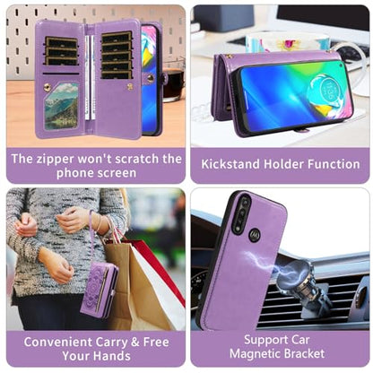 Asuwish Phone Case for Moto G Power 2020 Zipper Wallet Magnetic Detachable Cell Cover with Tempered Glass Screen Protector Crossbody Strap Mandala Flower Card Holder Motorola GPower Women Girls Purple