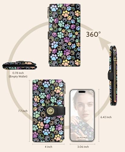GIANCOMICS Puppy Dog Paw Womens Wallet RFID, Cute Credit Card Holder Bifold | Billfold, Cute Cash Purse, Travel Zipper Coin Pocket, Compact Clutch, PU Leather, ID Window, 11 Card Slots, Ladies Gift Woman - color: Colorful Paw