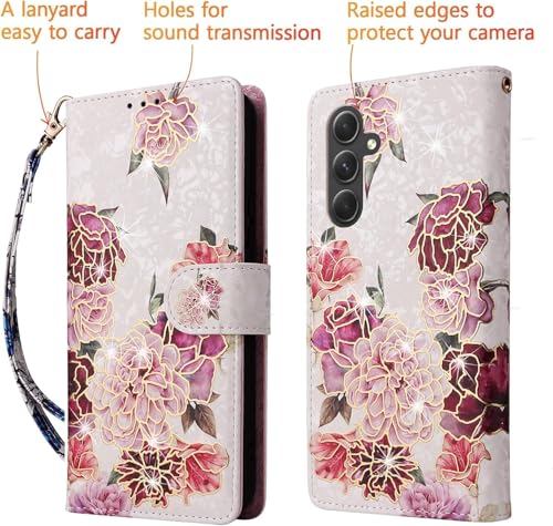 UEEBAI Wallet Case for Samsung Galaxy A36 5G, PU Leather Phone Cover Kickstand RFID Blocking Flip Case Card Slots Wrist Strap Relief Engraved Pattern Magnetic Closure Folio Cover - White Flower - color: White Flower, size: Samsung Galaxy A36 5G