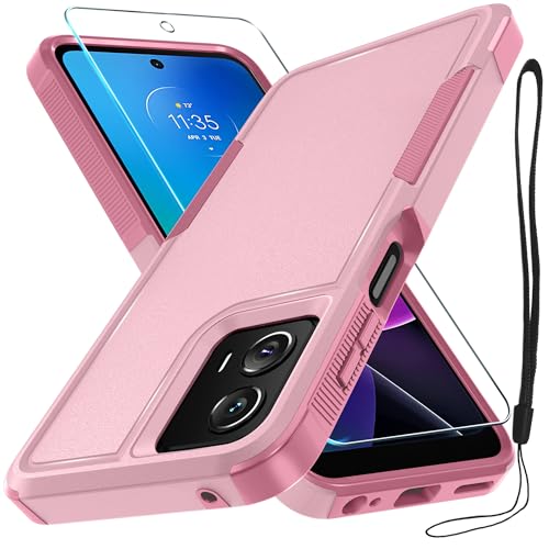 for Motorola Moto G Power 5G 2024 Case, Full Body Heavy Duty Rugged Shockproof Protective Phone Cover with Lanyard Strap, Tempered Glass Screen Protector,Cute Pink | with Tempered Glass Screen Protector+Lanyard Strap,Rugged Shockproof Protective Phone Cas