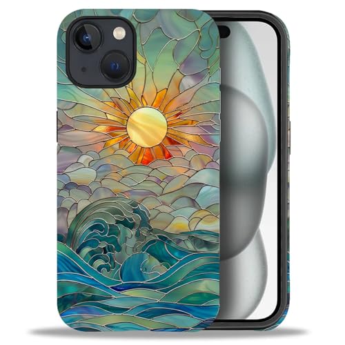DAIZAG Compatible with iPhone 15 Case,Sun Rays Ocean Waves Stained Glass Full Pattern Plastic Soft TPU,Double Protection Corner Case for iPhone 15 - color: Sun Rays Ocean Waves Stained Glass, size: iPhone 15