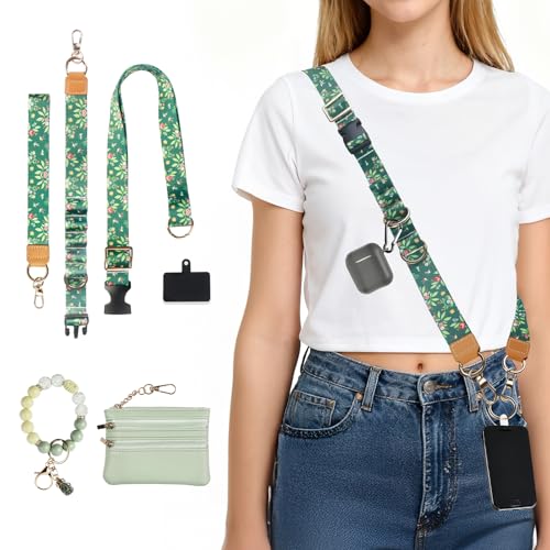 Phone Lanyard Crossbody with Zippered Wallet, Wrist Strap, Key Ring, Phone Tab and Bracelet, Adjustable Anti Theft Lanyard for Women, Dark Green