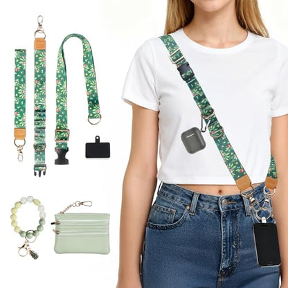 Phone Lanyard Crossbody with Zippered Wallet, Wrist Strap, Key Ring, Phone Tab and Bracelet, Adjustable Anti Theft Lanyard for Women, Dark Green