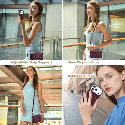 Harryshell Compatible with iPhone 17 Pro Max Case Wallet Multi Zipper Detachable Removable Cover with RFID Blocking Card Slot Holder Mirror Crossbody Strap (Compatible with Magsafe-Quilted Burgundy) - color: Compatible with Magsafe - Quilted Burgundy, siz