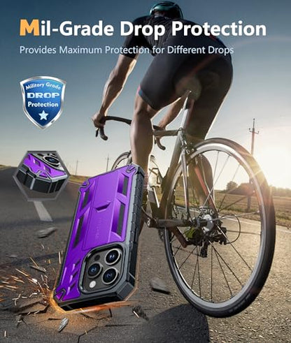 FNTCASE for iPhone 15 Pro Case, Built-in Screen Protector, Kickstand Purple | Military-Grade Drop Protection, Anti-Slip Matte Textured, Rugged Heavy Duty Shockproof TPU Protective Cover - color: Purple