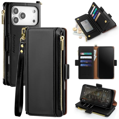 Antsturdy for iPhone 17 Pro Max Phone Wallet Case Women,Black | RFID Blocking,with Credit Card Holder Slots,PU Leather Purse,Zipper Pocket,Wrist Strap Kickstand,Flip Folio Cover for Men - color: Black