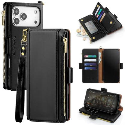Antsturdy for iPhone 17 Pro Max Phone Wallet Case Women,Black | RFID Blocking,with Credit Card Holder Slots,PU Leather Purse,Zipper Pocket,Wrist Strap Kickstand,Flip Folio Cover for Men - color: Black