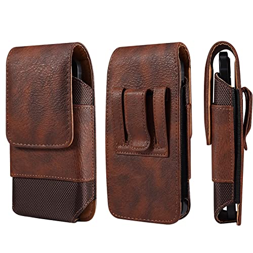Cell Phone Belt Clip Holster Leather Men, Cell Phone Waist Bag with Card Holder, Vertical Leather Smartphone Pouch with Belt Loop Carry Case Travel Outdoor Camping Phone Belt Holder Wallet Fanny Pack - color: Brown, size: 7.2 INCH
