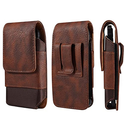 Cell Phone Belt Clip Holster Leather Men, Cell Phone Waist Bag with Card Holder, Vertical Leather Smartphone Pouch with Belt Loop Carry Case Travel Outdoor Camping Phone Belt Holder Wallet Fanny Pack - color: Brown, size: 7.2 INCH
