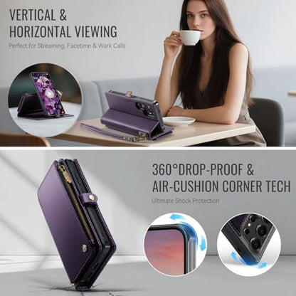 Defencase for Galaxy S24 Ultra Case Wallet Compatible with Magsafe, Purple | Magnetic Detachable, RFID Bolcking Card Holder, Zipper Strap, PU Leather Drop-Proof Phone Cover for Samsung Galaxy S24 Ultra - color: (Detachable with Magsafe)-Purple