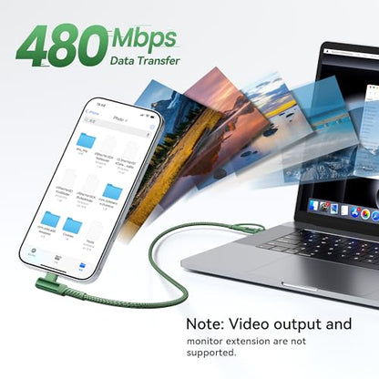 240W USB C to USB C Cable 10FT 2Pack, 2-in-1 Right Angle, Fast Charging - color: Green