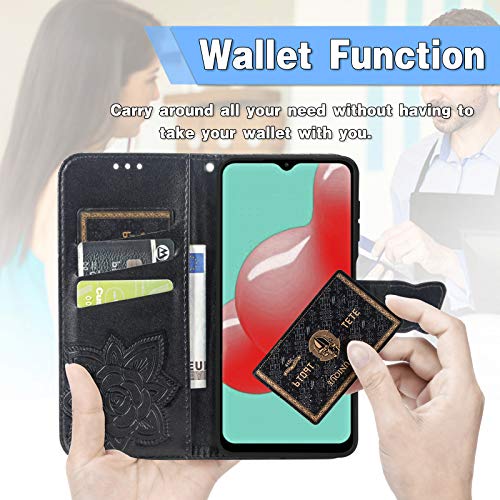 Wallet Case for Samsung Galaxy A03s with Card Holder Black | PU Leather Flip Phone Cover,Wrist Strap,Woman Man Purse,Emboss Butterfly Flower,Stand,Shockproof TPU Shell, Magnetic Closure - color: B Black
