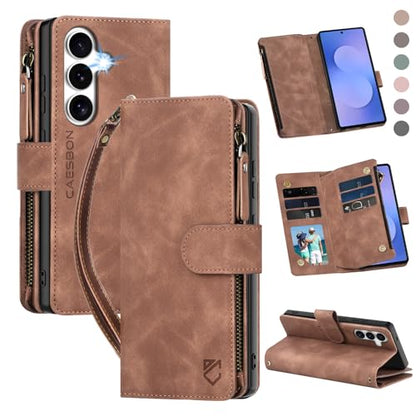 for Samsung Galaxy S25-FE-Wallet Case: with RFID Blocking Card Slots (6 Cards) | Soft PU Leather Magnetic Snap Zipper Pocket | Crossbody Wrist Strap Protective Phone Cover - Brown - color: A Brown, size: Galaxy S25 FE（6.7‘’）