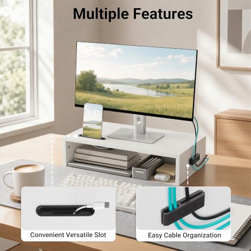 BONTEC Monitor Stand Riser with Cellphone Holder & Cable Management - color: White, size: 16.7 Inch