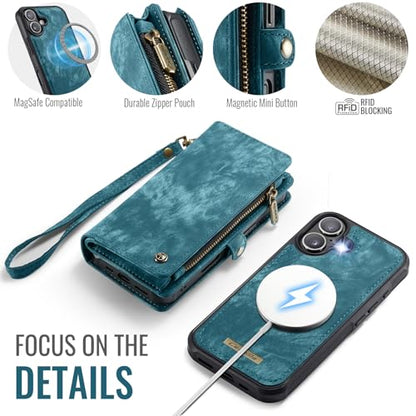 Compatible with iPhone 17 Wallet Case with Magsafe,Blue | Magnetic Detachable Case,Card Holder,Zipper Pocket,Strap Wristlet, Soft Leather Drop-Proof Phone Case for iPhone 17 6.3" - color: (Detachable and Magsafe)-Blue, size: iPhone 17 6.3 Inch
