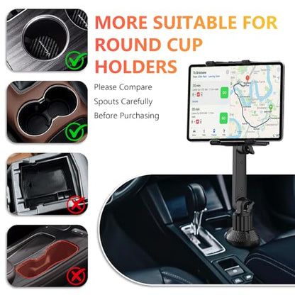 WUITIN Cup Holder Car Tablet Mount for Car, 360° Adjustable 15" Long 2-Arm Stand Holder for iPad,Samsung Galaxy Tab/Z Fold 4/3, iPhone 15/14/Pro, 4.7-12.9" Tab &Phone