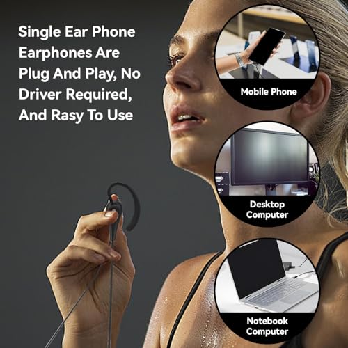 Cyrank Earphone Earbud, Single Headset One Ear Ear Hook Headphone Sport Earphone with Hook 3.5mm Wired Headset for Office for Safe Driving Biking Running Gaming and Working