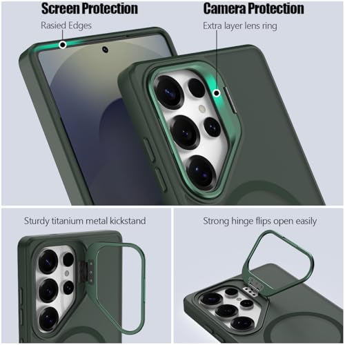Nvollnoe for Samsung S25 Ultra Case Compatible with MagSafe Military Grade Shockproof Heavy Duty Protective Adjustable Kickstand Matte Semi Clear Phone Cover for Samsung S25 Ultra(Dark Green) - color: Dark Green