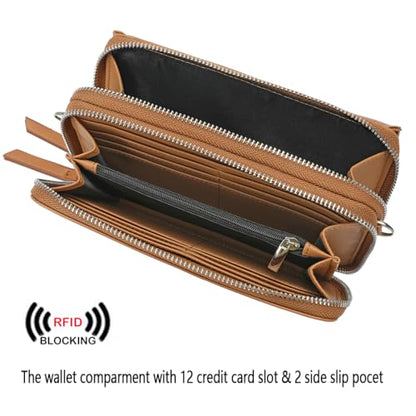 RFID Crossbody Wallet Wristlet Purse with Phone Pocket For Women Vegan Leather - color: B-dark Mustard