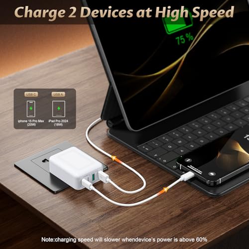 40W Flat USB C Wall Charger 4Port Foldable Slim Fast Charging Block - color: White | 1-Pack | 4-Port