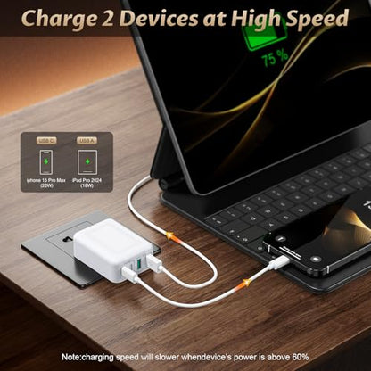 40W Flat USB C Wall Charger 4Port Foldable Slim Fast Charging Block - color: White | 1-Pack | 4-Port