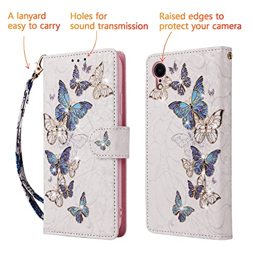 UEEBAI Wallet Case for iPhone XR, PU Leather Phone Case Kickstand RFID Blocking Flip Case with Card Slots Wrist Strap Relief Engraved Pattern Magnetic Closure Folio Case - Blue Butterfly - color: Blue Butterfly