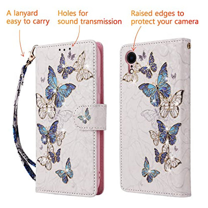 UEEBAI Wallet Case for iPhone XR, PU Leather Phone Case Kickstand RFID Blocking Flip Case with Card Slots Wrist Strap Relief Engraved Pattern Magnetic Closure Folio Case - Blue Butterfly - color: Blue Butterfly