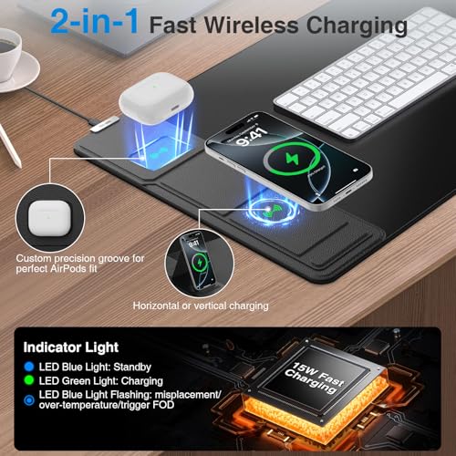 Wireless Charging Mouse Pad with Foldable Phone Holder, 31.5"x15.8", Black